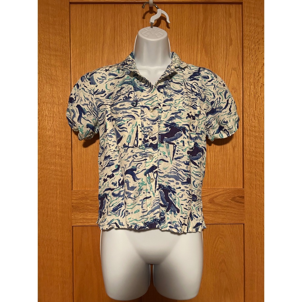 Maeve Anthropologie Classic Surf Linen Shirt Nautical Ocean Wave‎ Split Back